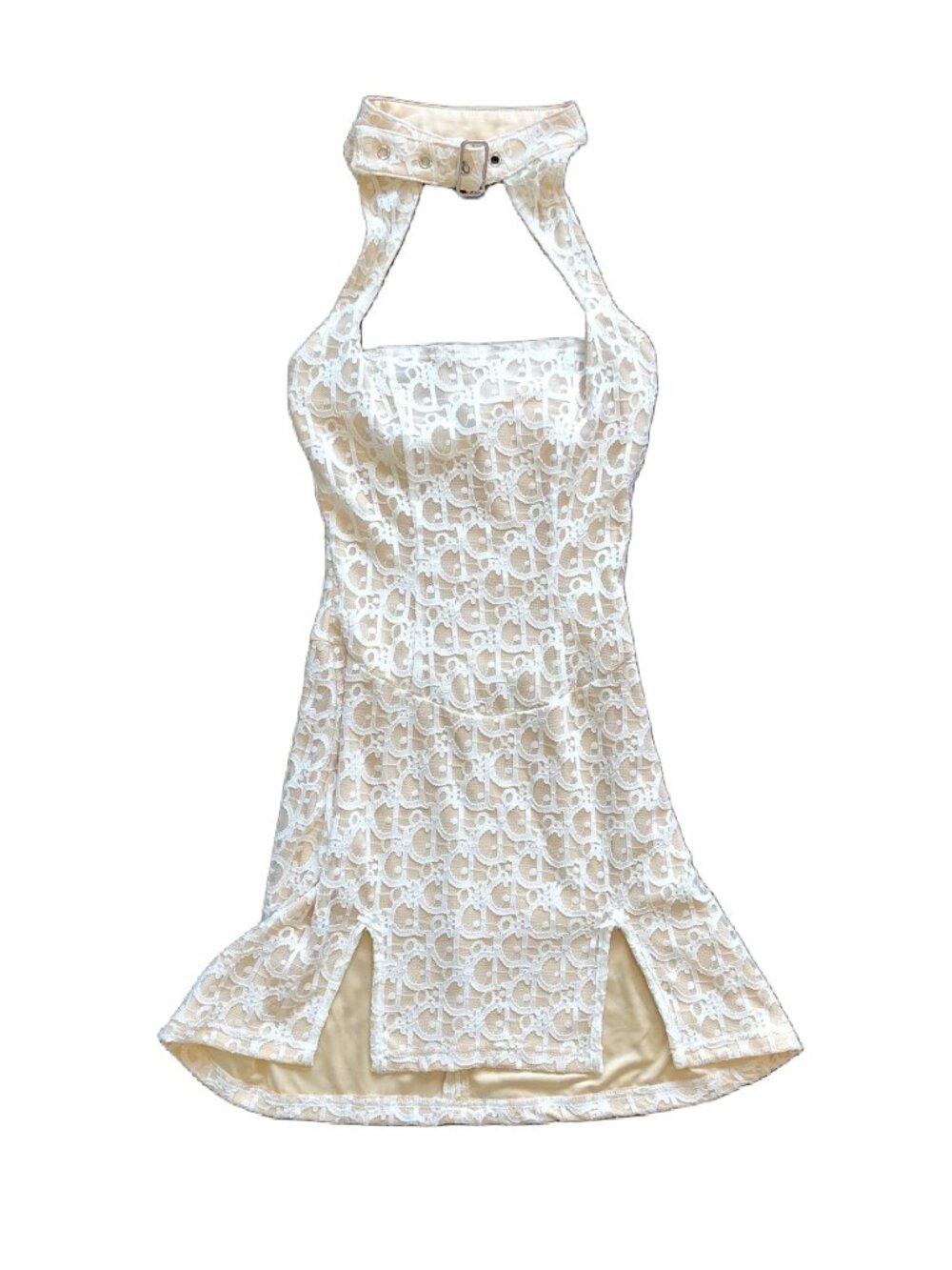 new pink Belt Collar White Lace Nude Lingerie Stretch Mini Dress with Mini Bows